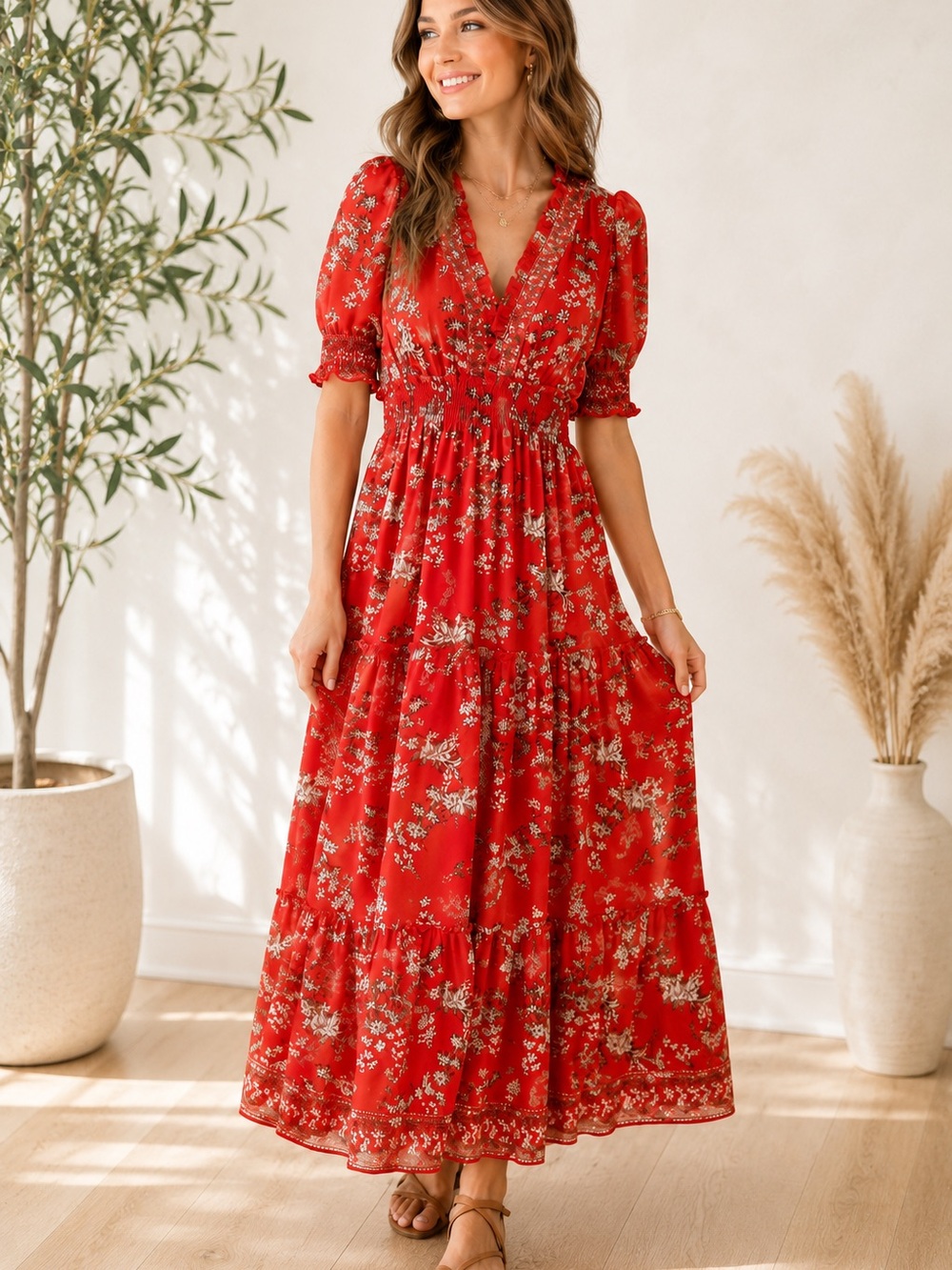 Max Studio London Red Floral Smocked Ruffle Maxi Dress XS Boho Cottagecore